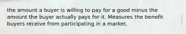 the amount a buyer is willing to pay for a good minus the amount the buyer actually pays for it. Measures the benefit buyers receive from participating in a market.