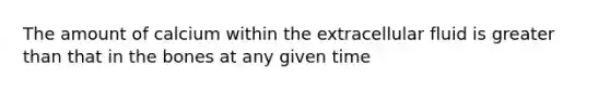The amount of calcium within the extracellular fluid is greater than that in the bones at any given time
