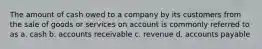 The amount of cash owed to a company by its customers from the sale of goods or services on account is commonly referred to as a. cash b. accounts receivable c. revenue d. accounts payable