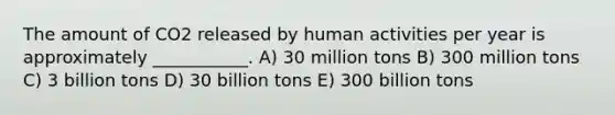 The amount of CO2 released by human activities per year is approximately ___________. A) 30 million tons B) 300 million tons C) 3 billion tons D) 30 billion tons E) 300 billion tons