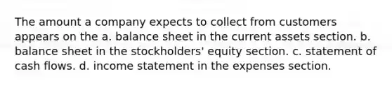 The amount a company expects to collect from customers appears on the a. balance sheet in the current assets section. b. balance sheet in the stockholders' equity section. c. statement of cash flows. d. income statement in the expenses section.