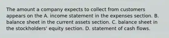 The amount a company expects to collect from customers appears on the A. income statement in the expenses section. B. balance sheet in the current assets section. C. balance sheet in the​ stockholders' equity section. D. statement of cash flows.