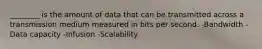 ________ is the amount of data that can be transmitted across a transmission medium measured in bits per second. -Bandwidth -Data capacity -Infusion -Scalability