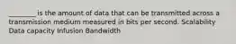 ________ is the amount of data that can be transmitted across a transmission medium measured in bits per second. Scalability Data capacity Infusion Bandwidth