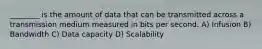 ________ is the amount of data that can be transmitted across a transmission medium measured in bits per second. A) Infusion B) Bandwidth C) Data capacity D) Scalability