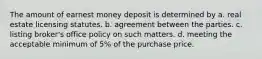 The amount of earnest money deposit is determined by a. real estate licensing statutes. b. agreement between the parties. c. listing broker's office policy on such matters. d. meeting the acceptable minimum of 5% of the purchase price.