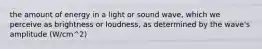 the amount of energy in a light or sound wave, which we perceive as brightness or loudness, as determined by the wave's amplitude (W/cm^2)