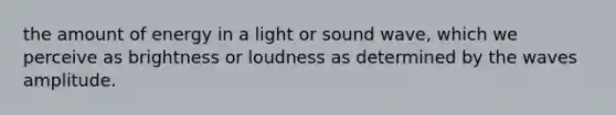 the amount of energy in a light or sound wave, which we perceive as brightness or loudness as determined by the waves amplitude.