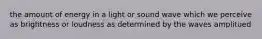 the amount of energy in a light or sound wave which we perceive as brightness or loudness as determined by the waves amplitued