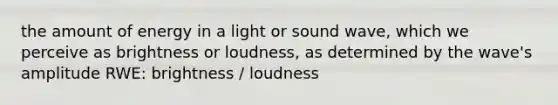 the amount of energy in a light or sound wave, which we perceive as brightness or loudness, as determined by the wave's amplitude RWE: brightness / loudness