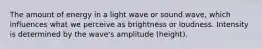 The amount of energy in a light wave or sound wave, which influences what we perceive as brightness or loudness. Intensity is determined by the wave's amplitude (height).