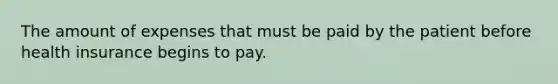 The amount of expenses that must be paid by the patient before health insurance begins to pay.