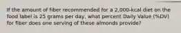 If the amount of fiber recommended for a 2,000-kcal diet on the food label is 25 grams per day, what percent Daily Value (%DV) for fiber does one serving of these almonds provide?