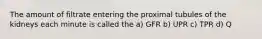 The amount of filtrate entering the proximal tubules of the kidneys each minute is called the a) GFR b) UPR c) TPR d) Q