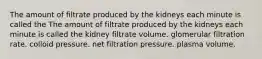 The amount of filtrate produced by the kidneys each minute is called the The amount of filtrate produced by the kidneys each minute is called the kidney filtrate volume. glomerular filtration rate. colloid pressure. net filtration pressure. plasma volume.