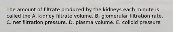 The amount of filtrate produced by the kidneys each minute is called the A. kidney filtrate volume. B. glomerular filtration rate. C. net filtration pressure. D. plasma volume. E. colloid pressure