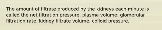 The amount of filtrate produced by the kidneys each minute is called the net filtration pressure. plasma volume. glomerular filtration rate. kidney filtrate volume. colloid pressure.