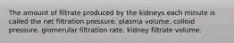 The amount of filtrate produced by the kidneys each minute is called the net filtration pressure. plasma volume. colloid pressure. glomerular filtration rate. kidney filtrate volume.