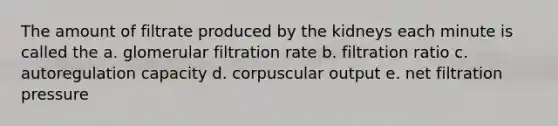 The amount of filtrate produced by the kidneys each minute is called the a. glomerular filtration rate b. filtration ratio c. autoregulation capacity d. corpuscular output e. net filtration pressure