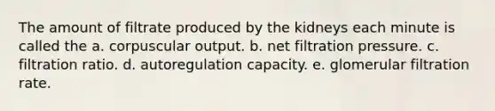 The amount of filtrate produced by the kidneys each minute is called the a. corpuscular output. b. net filtration pressure. c. filtration ratio. d. autoregulation capacity. e. glomerular filtration rate.