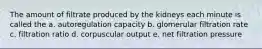 The amount of filtrate produced by the kidneys each minute is called the a. autoregulation capacity b. glomerular filtration rate c. filtration ratio d. corpuscular output e. net filtration pressure