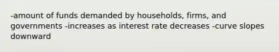 -amount of funds demanded by households, firms, and governments -increases as interest rate decreases -curve slopes downward