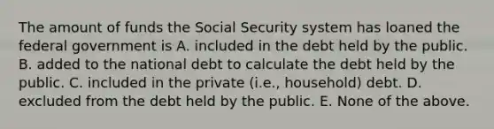 The amount of funds the Social Security system has loaned the federal government is A. included in the debt held by the public. B. added to the national debt to calculate the debt held by the public. C. included in the private (i.e., household) debt. D. excluded from the debt held by the public. E. None of the above.