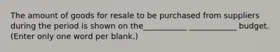 The amount of goods for resale to be purchased from suppliers during the period is shown on the___________ ____________ budget. (Enter only one word per blank.)