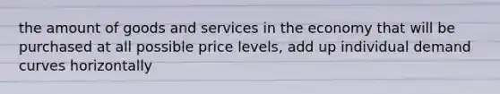 the amount of goods and services in the economy that will be purchased at all possible price levels, add up individual demand curves horizontally