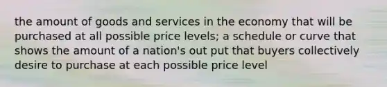 the amount of goods and services in the economy that will be purchased at all possible price levels; a schedule or curve that shows the amount of a nation's out put that buyers collectively desire to purchase at each possible price level