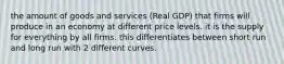 the amount of goods and services (Real GDP) that firms will produce in an economy at different price levels. it is the supply for everything by all firms. this differentiates between short run and long run with 2 different curves.