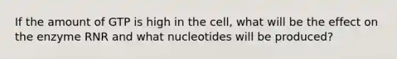 If the amount of GTP is high in the cell, what will be the effect on the enzyme RNR and what nucleotides will be produced?