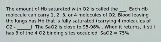 The amount of Hb saturated with O2 is called the ___. Each Hb molecule can carry 1, 2, 3, or 4 molecules of O2. Blood leaving the lungs has Hb that is fully saturated (carrying 4 molecules of O2 - ______). The SaO2 is close to 95-98% . When it returns, it still has 3 of the 4 O2 binding sites occupied. SaO2 = 75%