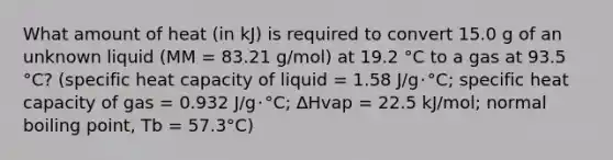 What amount of heat (in kJ) is required to convert 15.0 g of an unknown liquid (MM = 83.21 g/mol) at 19.2 °C to a gas at 93.5 °C? (specific heat capacity of liquid = 1.58 J/g･°C; specific heat capacity of gas = 0.932 J/g･°C; ∆Hvap = 22.5 kJ/mol; normal boiling point, Tb = 57.3°C)