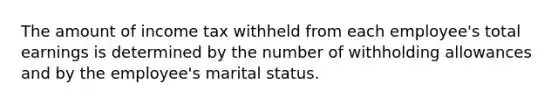 The amount of income tax withheld from each employee's total earnings is determined by the number of withholding allowances and by the employee's marital status.