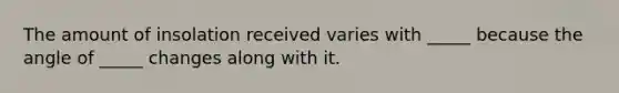 The amount of insolation received varies with _____ because the angle of _____ changes along with it.