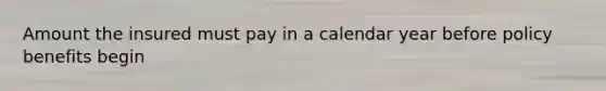 Amount the insured must pay in a calendar year before policy benefits begin