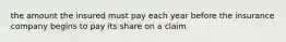 the amount the insured must pay each year before the insurance company begins to pay its share on a claim