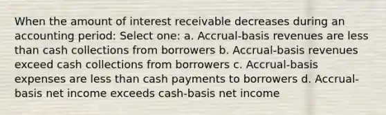 When the amount of interest receivable decreases during an accounting period: Select one: a. Accrual-basis revenues are less than cash collections from borrowers b. Accrual-basis revenues exceed cash collections from borrowers c. Accrual-basis expenses are less than cash payments to borrowers d. Accrual-basis net income exceeds cash-basis net income