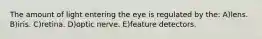 The amount of light entering the eye is regulated by the: A)lens. B)iris. C)retina. D)optic nerve. E)feature detectors.