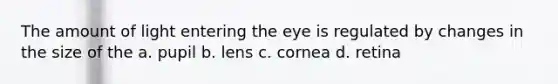 The amount of light entering the eye is regulated by changes in the size of the a. pupil b. lens c. cornea d. retina