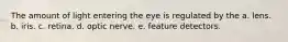 The amount of light entering the eye is regulated by the a. lens. b. iris. c. retina. d. optic nerve. e. feature detectors.