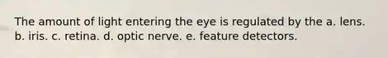 The amount of light entering the eye is regulated by the a. lens. b. iris. c. retina. d. optic nerve. e. feature detectors.