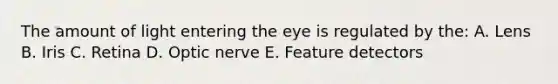 The amount of light entering the eye is regulated by the: A. Lens B. Iris C. Retina D. Optic nerve E. Feature detectors