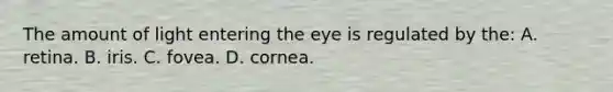 The amount of light entering the eye is regulated by the: A. retina. B. iris. C. fovea. D. cornea.