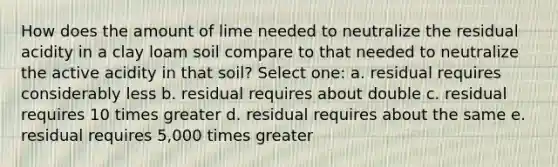 How does the amount of lime needed to neutralize the residual acidity in a clay loam soil compare to that needed to neutralize the active acidity in that soil? Select one: a. residual requires considerably less b. residual requires about double c. residual requires 10 times greater d. residual requires about the same e. residual requires 5,000 times greater