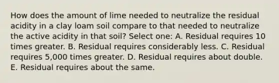 How does the amount of lime needed to neutralize the residual acidity in a clay loam soil compare to that needed to neutralize the active acidity in that soil? Select one: A. Residual requires 10 times greater. B. Residual requires considerably less. C. Residual requires 5,000 times greater. D. Residual requires about double. E. Residual requires about the same.