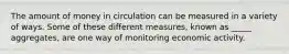 The amount of money in circulation can be measured in a variety of ways. Some of these different measures, known as _____ aggregates, are one way of monitoring economic activity.