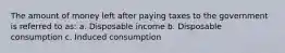 The amount of money left after paying taxes to the government is referred to as: a. Disposable income b. Disposable consumption c. Induced consumption