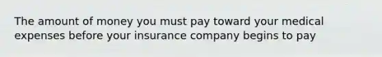 The amount of money you must pay toward your medical expenses before your insurance company begins to pay